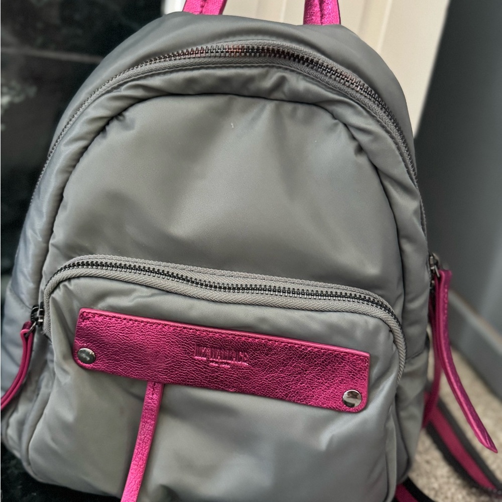 MZ Wallace Gray Nylon Backpack with Pink Metallic Accents